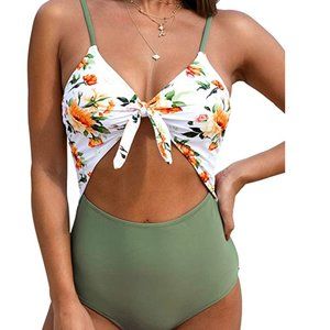 Green And Floral Knotted One Piece Swimsuit